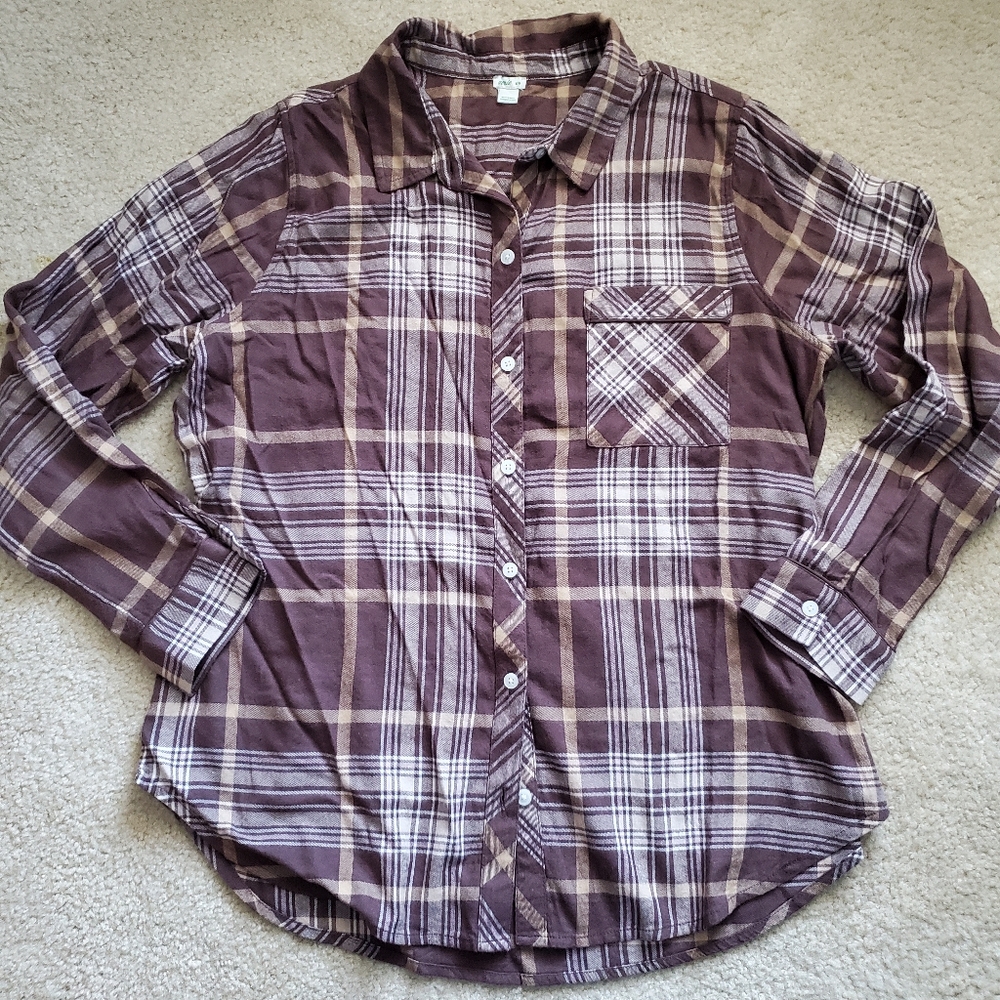 AERIE brown plaid flannel shirt long sleeve buttons down sz Med soft broken-in